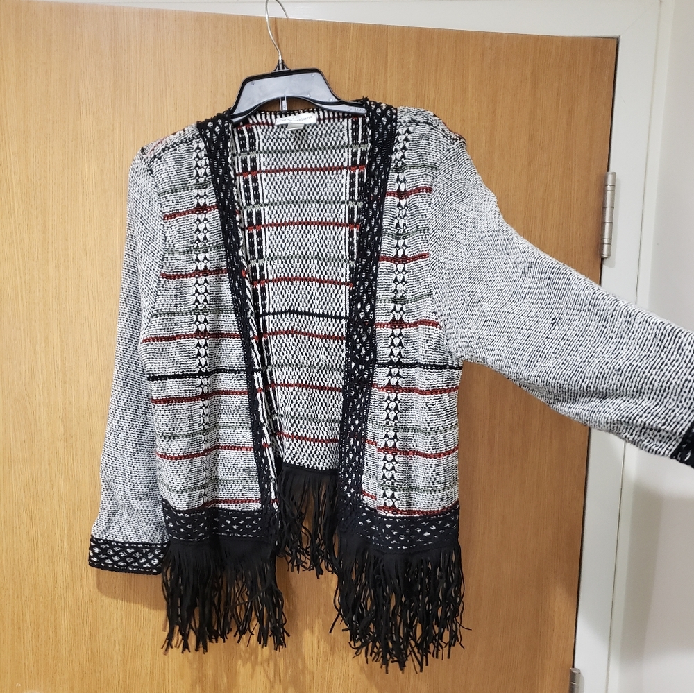 christopher & banks, open front fringe black & white cardigan sweater, XL - Picture 5 of 16